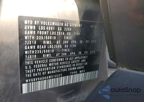 2010 Volkswagen Tiguan Se z USA, uszkodzony, nr VIN WVGBV9AX0AW510322